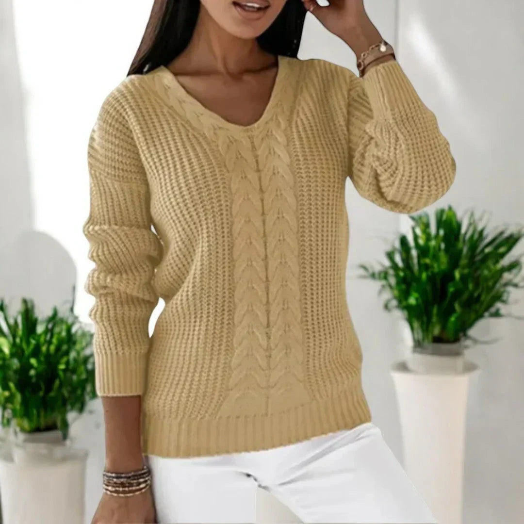 Sabine | Damen V-Ausschnitt Zopfmuster Strickpullover