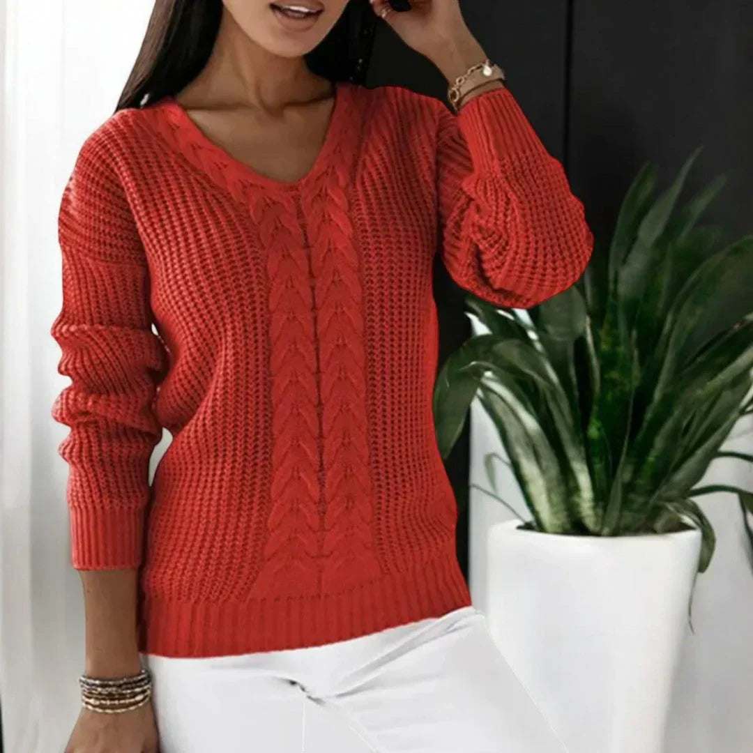 Sabine | Damen V-Ausschnitt Zopfmuster Strickpullover