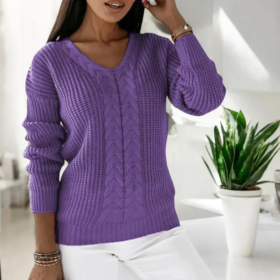 Sabine | Damen V-Ausschnitt Zopfmuster Strickpullover
