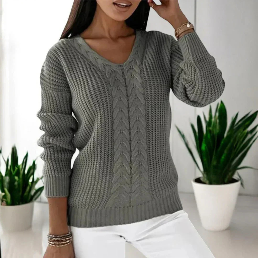 Sabine | Damen V-Ausschnitt Zopfmuster Strickpullover