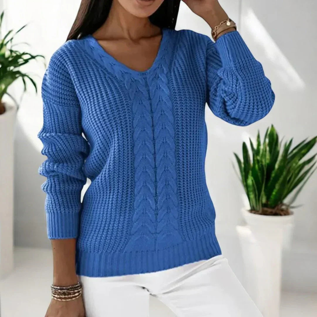 Sabine | Damen V-Ausschnitt Zopfmuster Strickpullover