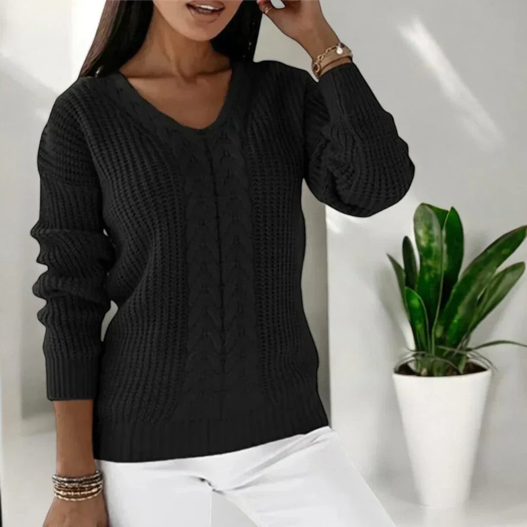 Sabine | Damen V-Ausschnitt Zopfmuster Strickpullover