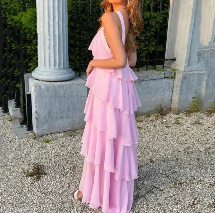 Nadine | Zartrosa geblümtes Maxikleid mit gerafften Lagen