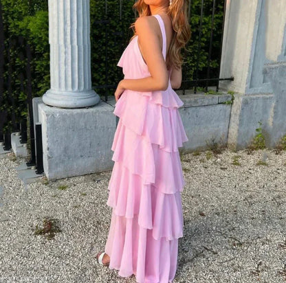 Nadine | Zartrosa geblümtes Maxikleid mit gerafften Lagen