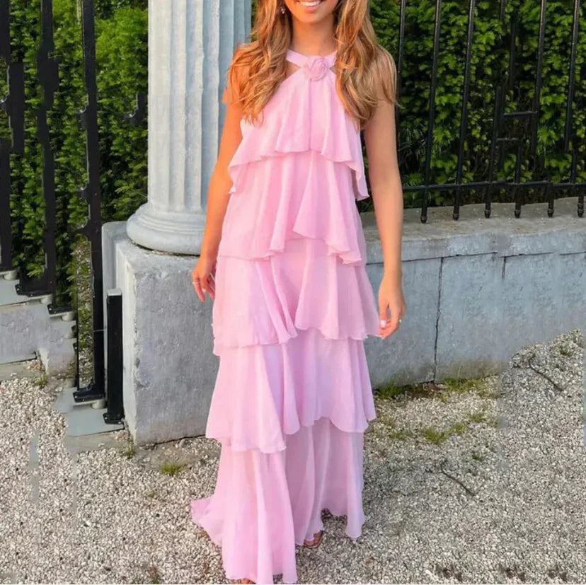 Nadine | Zartrosa geblümtes Maxikleid mit gerafften Lagen