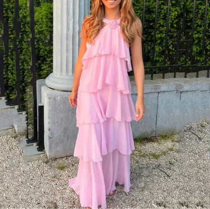 Nadine | Zartrosa geblümtes Maxikleid mit gerafften Lagen